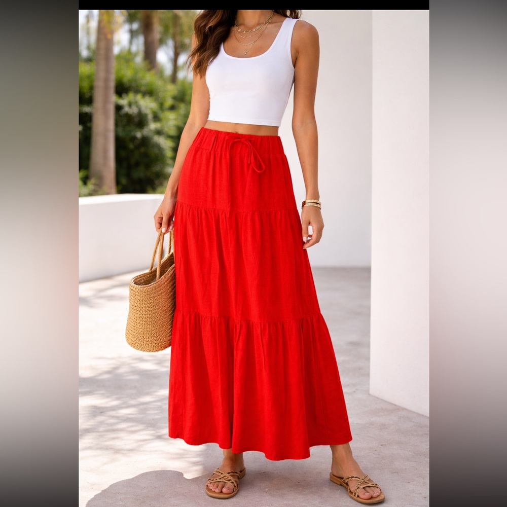 NIcole Miller New York Women’s Long Tiered Maxi Skirt Linen Boho Flowy Beach MED